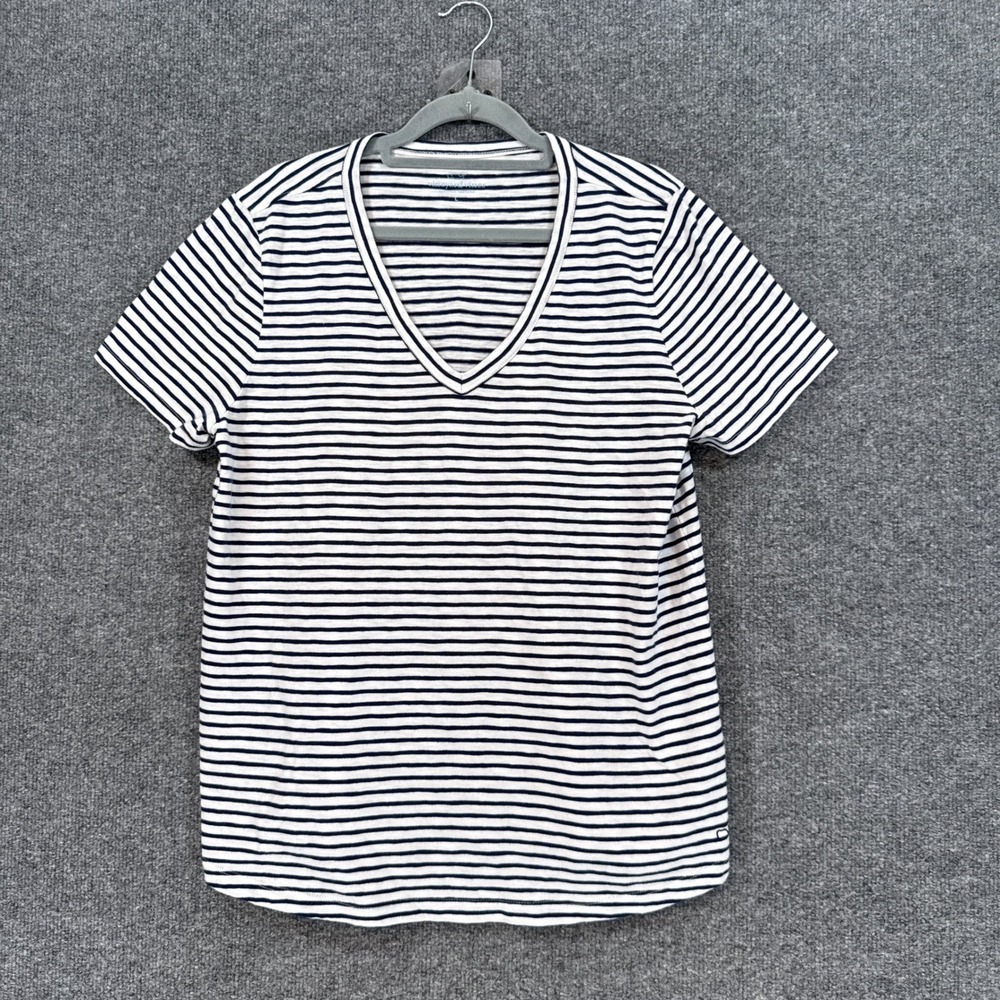 Vineyard Vines Tshirt Womens Large Blue Striped V Neck Whale Logo Tee Casual